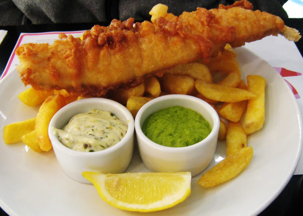 Battered cod with chips and mushy peas